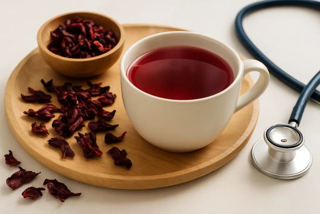 A vibrant red hibiscus tea in a white mug, surrounded by dried petals and a stethoscope on a wooden tray.
