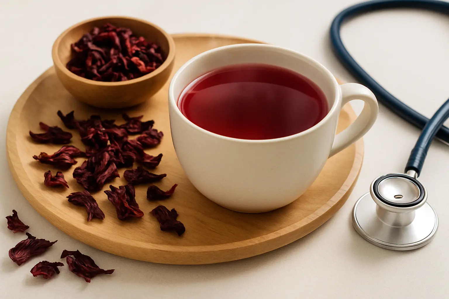 A vibrant red hibiscus tea in a white mug, surrounded by dried petals and a stethoscope on a wooden tray.