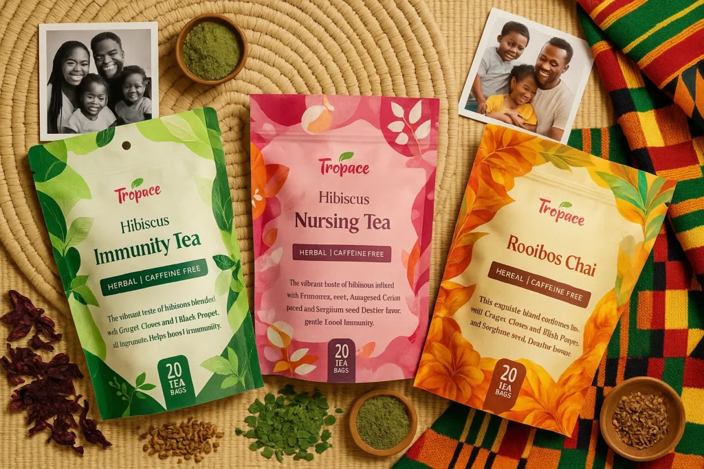 A bold flatlay of Tropace tea packs displayed on a handwoven African mat, surrounded by loose herbs, family photos, and vibrant kente fabric.