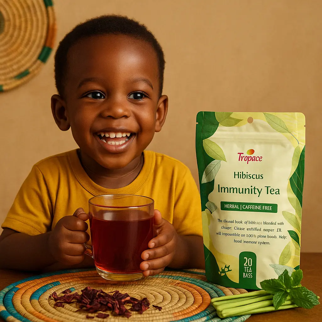 A joyful African child holding a cup of deep red hibiscus tea, with a Tropace Immunity Tea pouch beside it, surrounded by fresh herbs and a colorful woven mat.