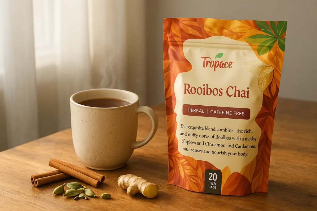 A cozy morning setting with a Tropace Rooibos Chai pouch beside a steaming ceramic mug, cinnamon sticks, cardamom pods, and ginger, laid on a wooden table with sun filtering through sheer curtains.