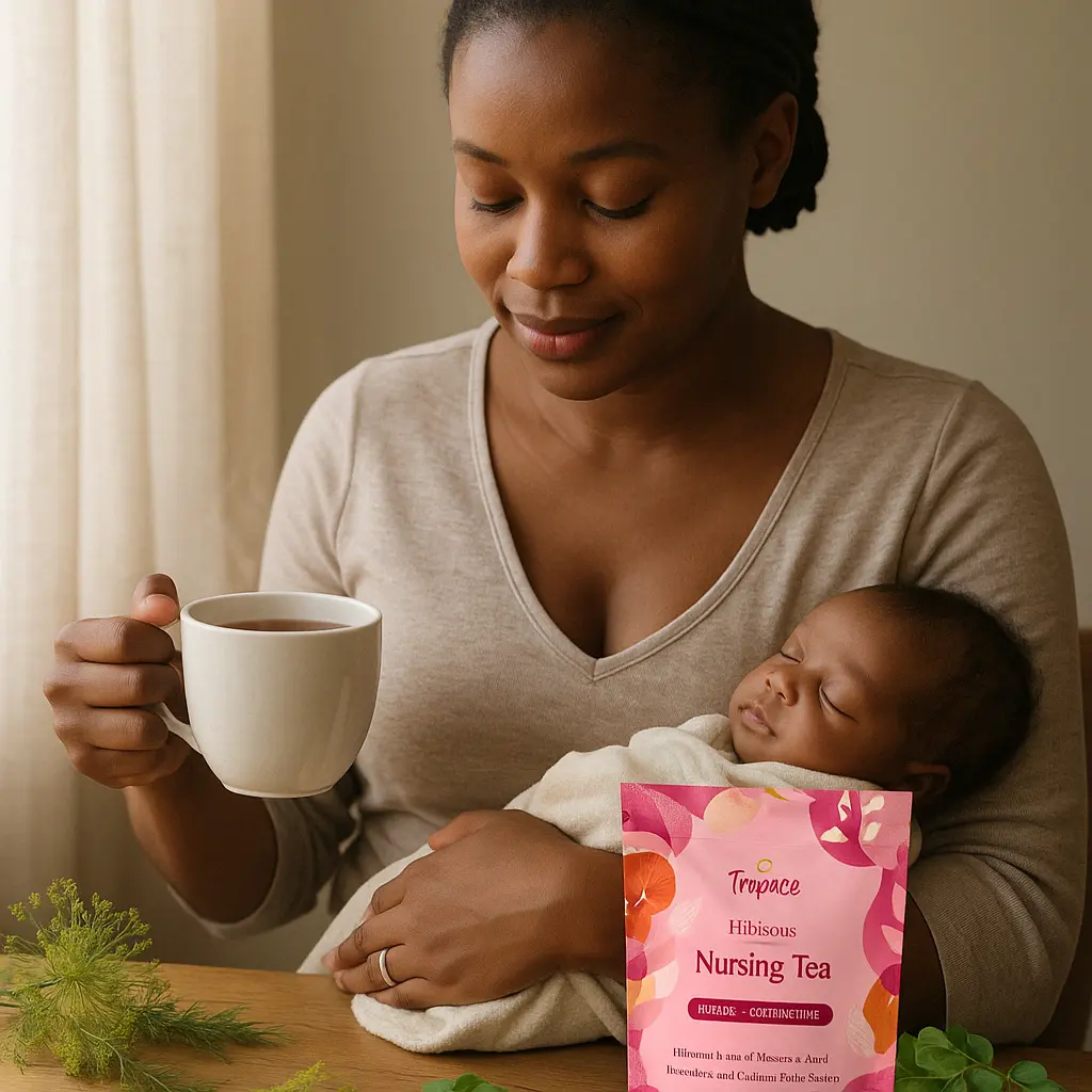 An African mother breastfeeding her newborn while sipping Tropace Nursing Tea, surrounded by calming herbs—perfect for new moms seeking gentle, nourishing tea.