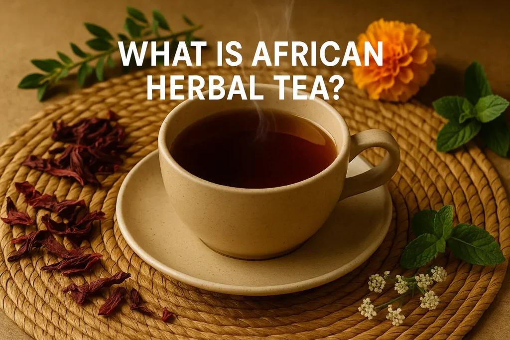 A warm ceramic cup of herbal tea on a woven mat, surrounded by African herbs and florals with steam rising gently.