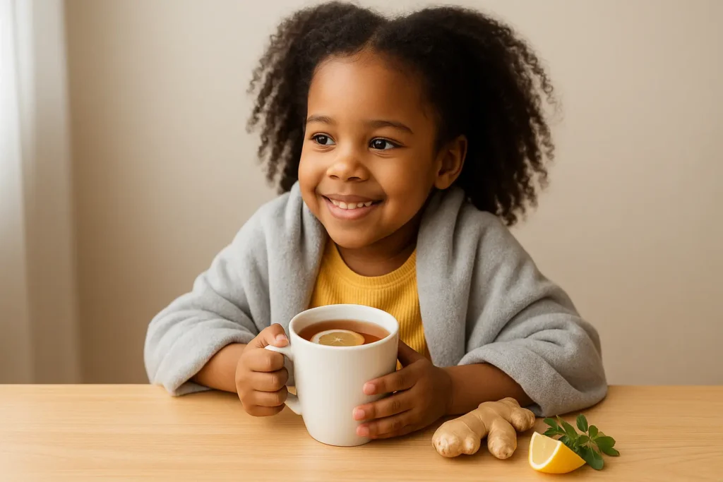 A smiling child wrapped in a soft blanket, holding a warm mug of herbal tea with a lemon slice, surrounded by ginger and fresh herbs on a bright wooden table.