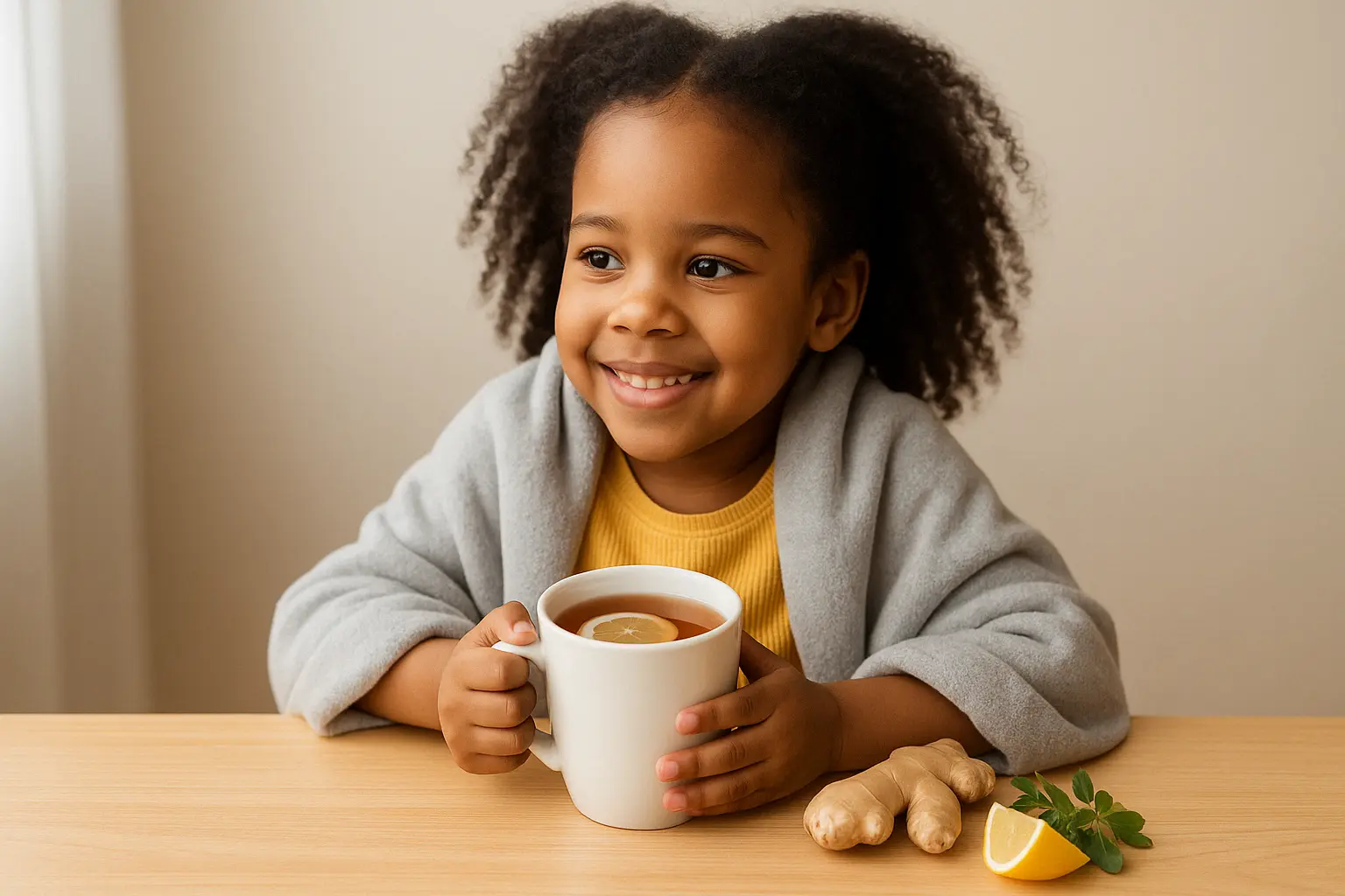 A smiling child wrapped in a soft blanket, holding a warm mug of herbal tea with a lemon slice, surrounded by ginger and fresh herbs on a bright wooden table.