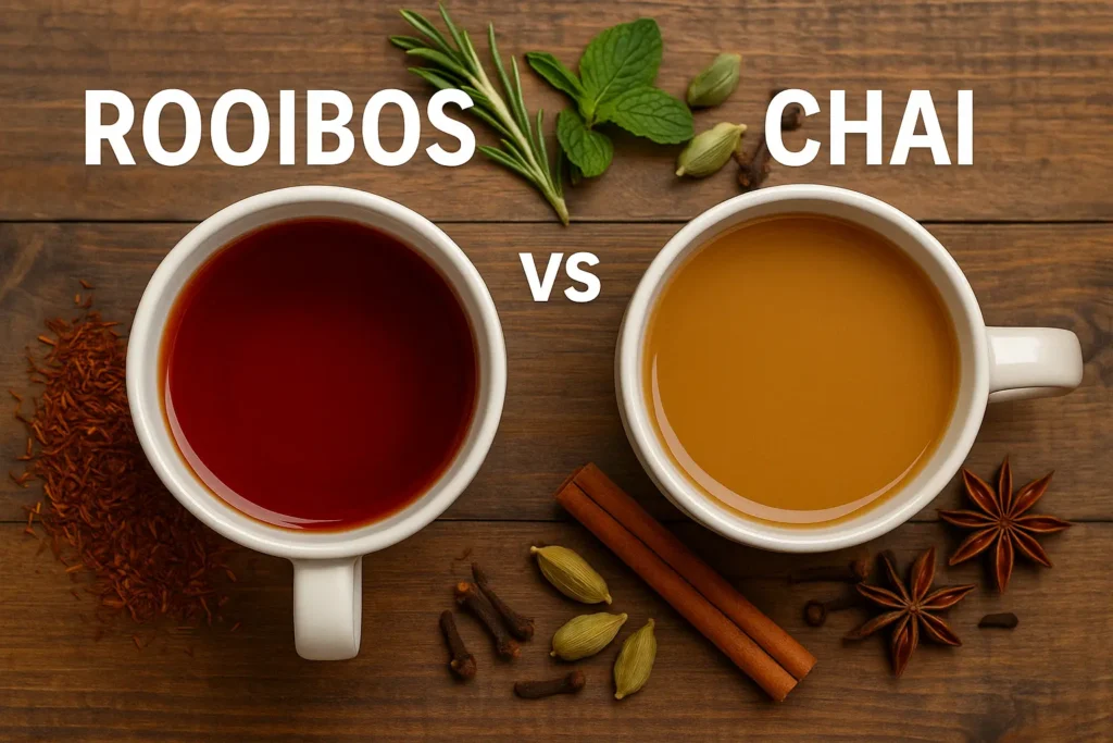Two cups side by side—one filled with deep red rooibos and the other with golden chai, surrounded by spices and herbs on a rustic wooden table.