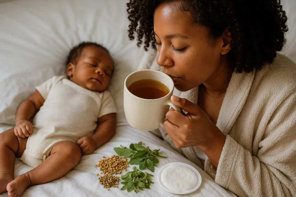 A new mother in a soft robe holding a warm cup of tea, her baby resting nearby, surrounded by fennel, moringa leaves, and a nursing pad on a cozy bed.natural lactation tea