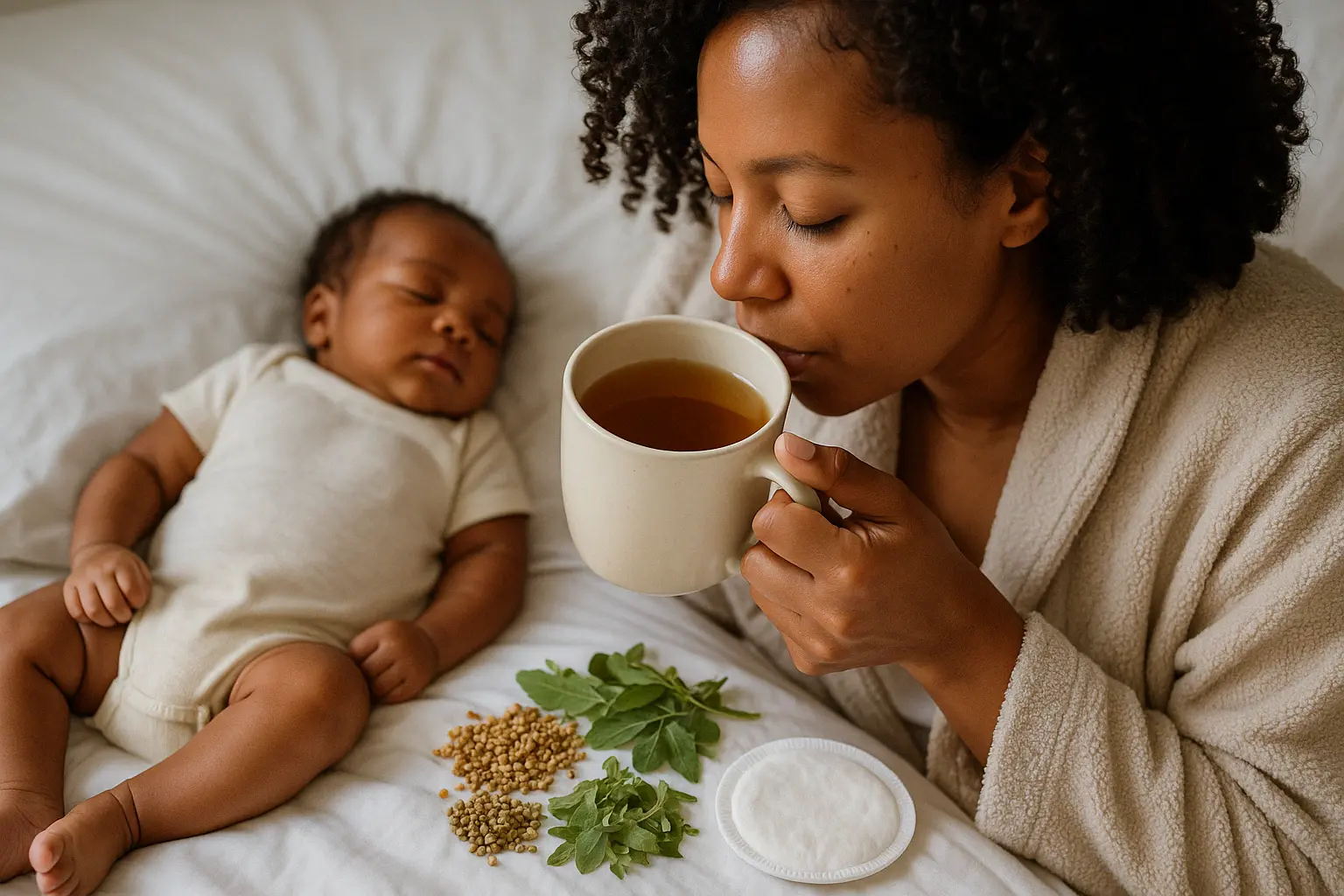A new mother in a soft robe holding a warm cup of tea, her baby resting nearby, surrounded by fennel, moringa leaves, and a nursing pad on a cozy bed.natural lactation tea