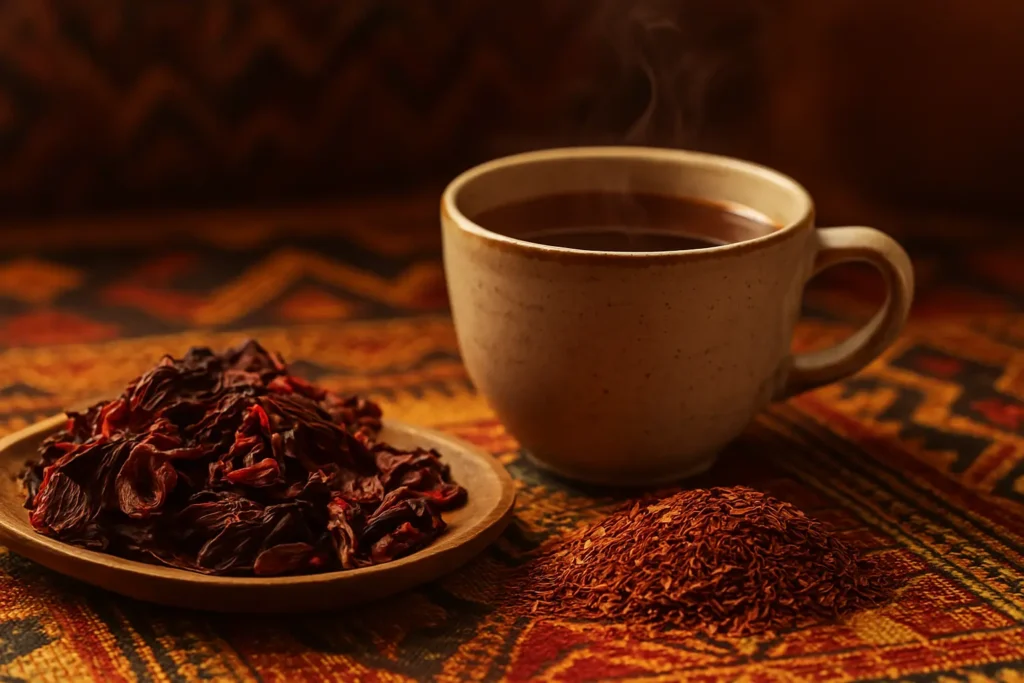 Rooibos and hibiscus herbs on African cloth with ceramic tea cup, cultural lighting