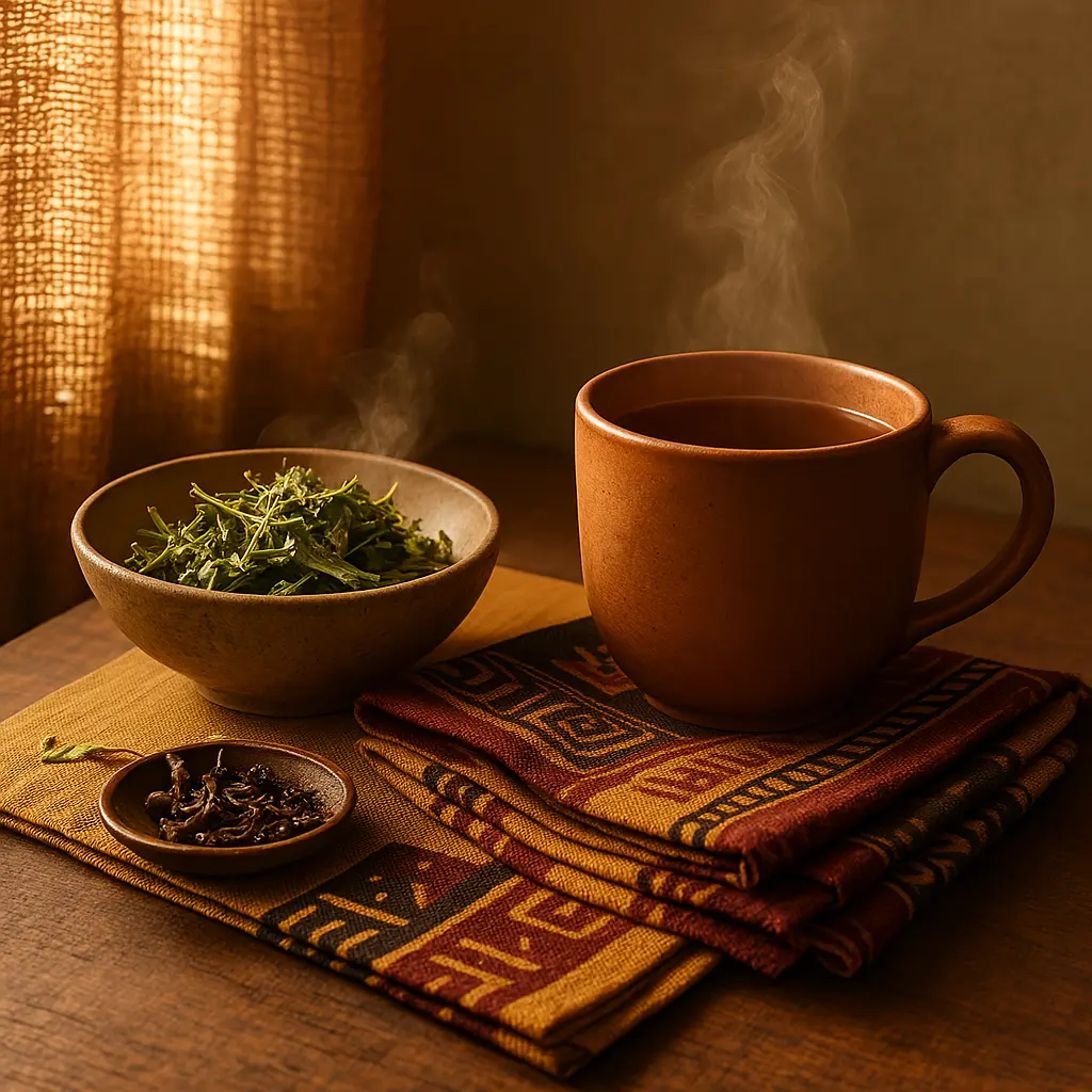 Traditional postpartum tea setup with herbs, clay mug, and African cloths in warm light