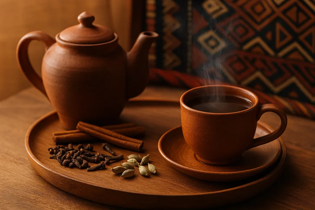 Rooibos chai tea setup with spices and a steaming cup on a wooden tray, South African textile in the background