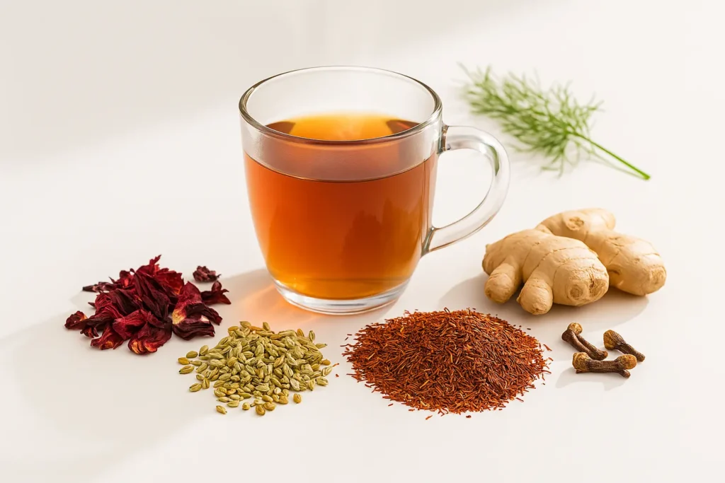 Bright and clean editorial tea layout with functional herbal ingredients and glass mug