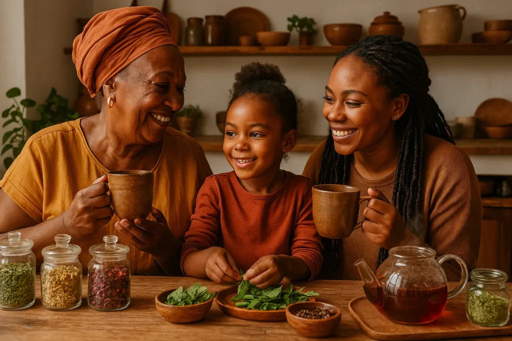 Three African women surrounded by herbs and tea, symbolizing intergenerational healing