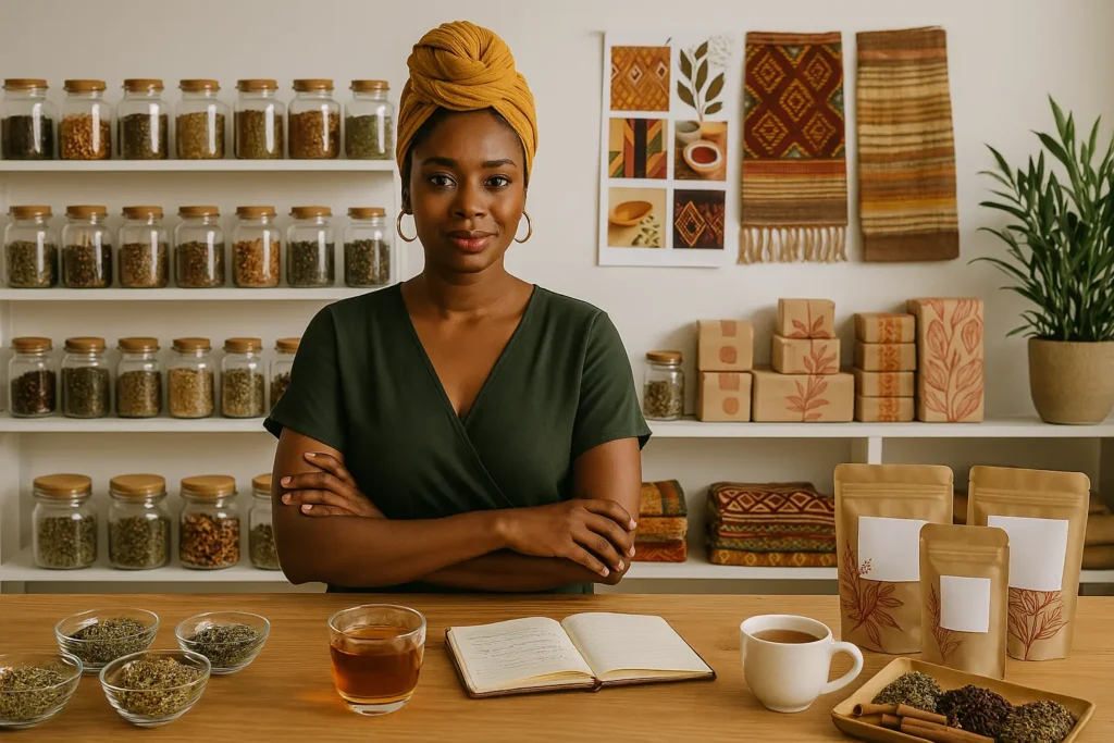Black female founder in Afro-inspired tea workspace surrounded by herbal jars and branding elements