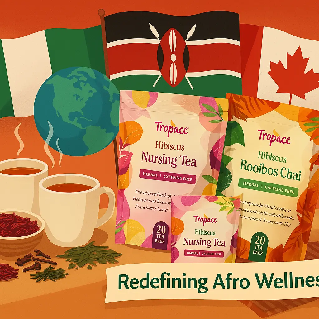 Afrocentric wellness display with global symbols, tea bags, mugs, and banner that reads “Redefining Afro Wellness”