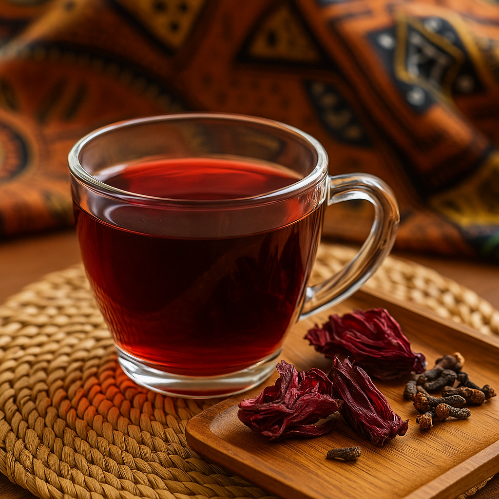 Hibiscus tea in a glass cup on a woven mat with dried petals and African textile in the background