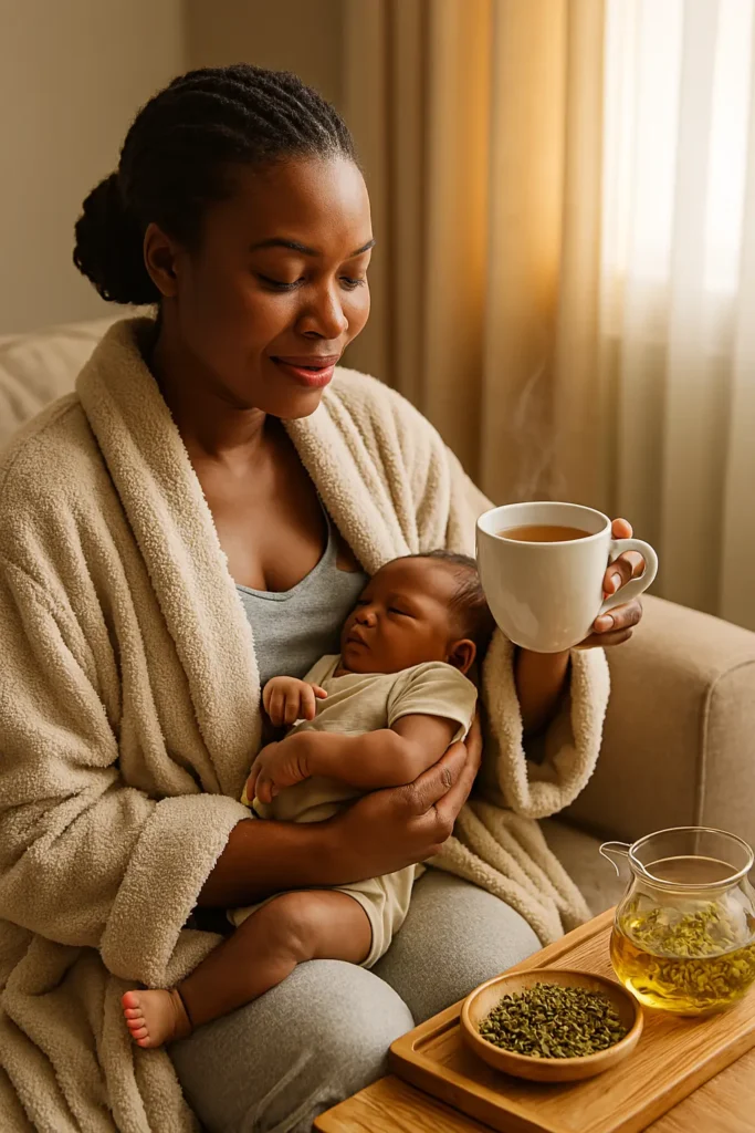 Black mother holding newborn and a tea cup, soft sunlight, herbal tray beside her