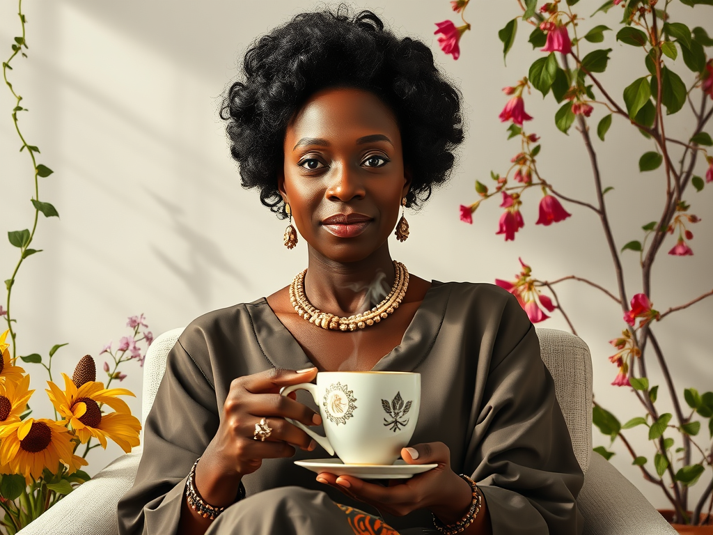 A regal Black woman seated in a minimal modern space holding a steaming cup of tea.