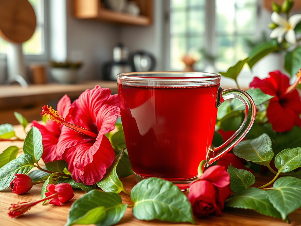 Cup of hibiscus tea surrounded by dried petals - wellness drink trend in North America
