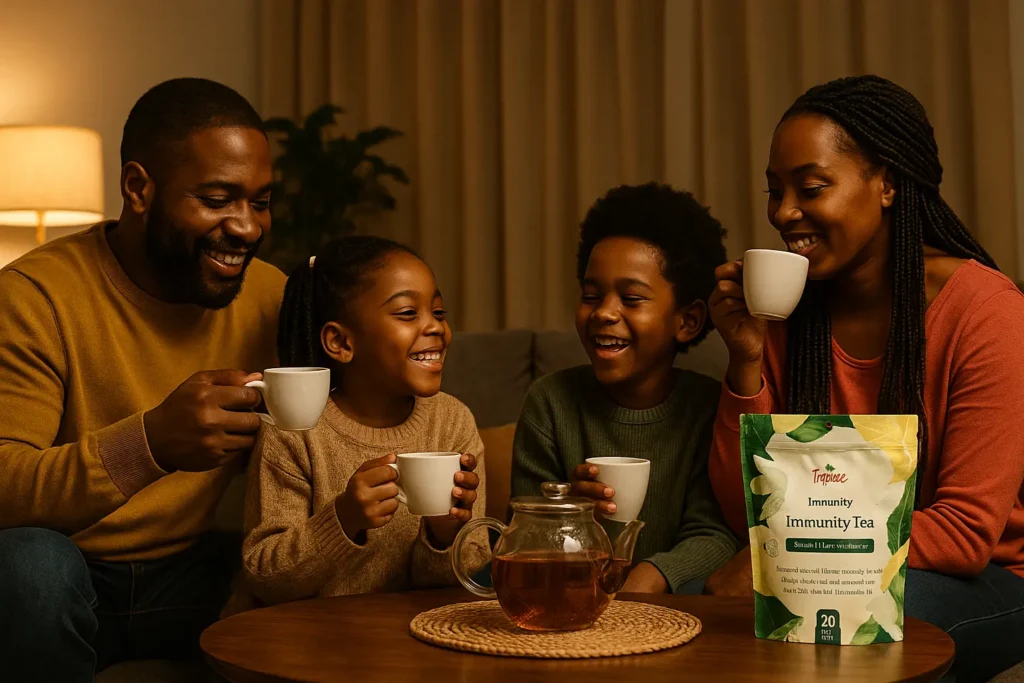 A cozy evening setting in a softly lit African home—parents and children gathered at a low table, sipping herbal tea together with a Tropace tea pouch visible in the background.