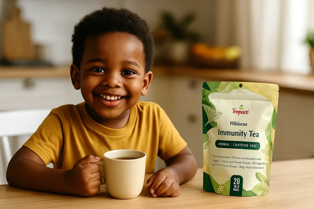 A young African boy drinking tea as part of a daily immune-boosting routine with Tropace herbal teas for children’s immune system