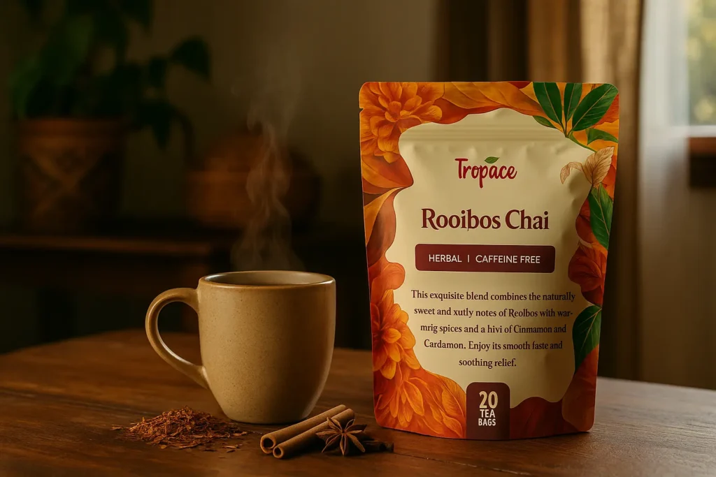 A warm African kitchen scene with a steaming mug of Tropace Rooibos Chai, surrounded by tea herbs and packaging, with natural light symbolizing peace and clarity.
