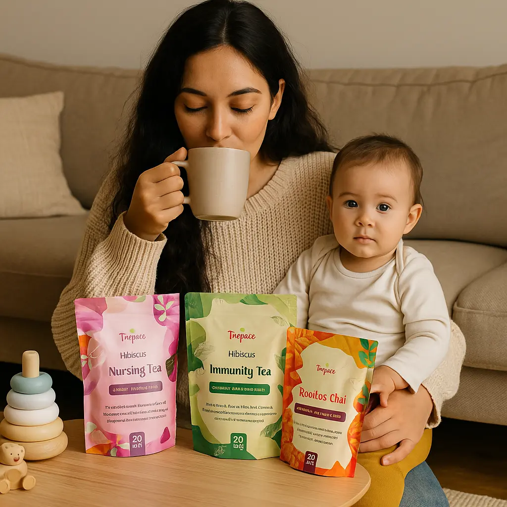 An African mother nursing her newborn in a softly lit room, with a mug of Tropace Nursing Tea beside her and herbs like fennel and moringa on the table.