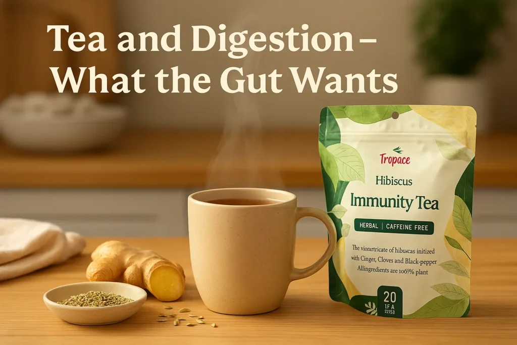 A cozy kitchen scene with a cup of steaming herbal tea surrounded by ginger, fennel seeds, and a Tropace tea pouch—symbolizing digestive comfort and wellness.