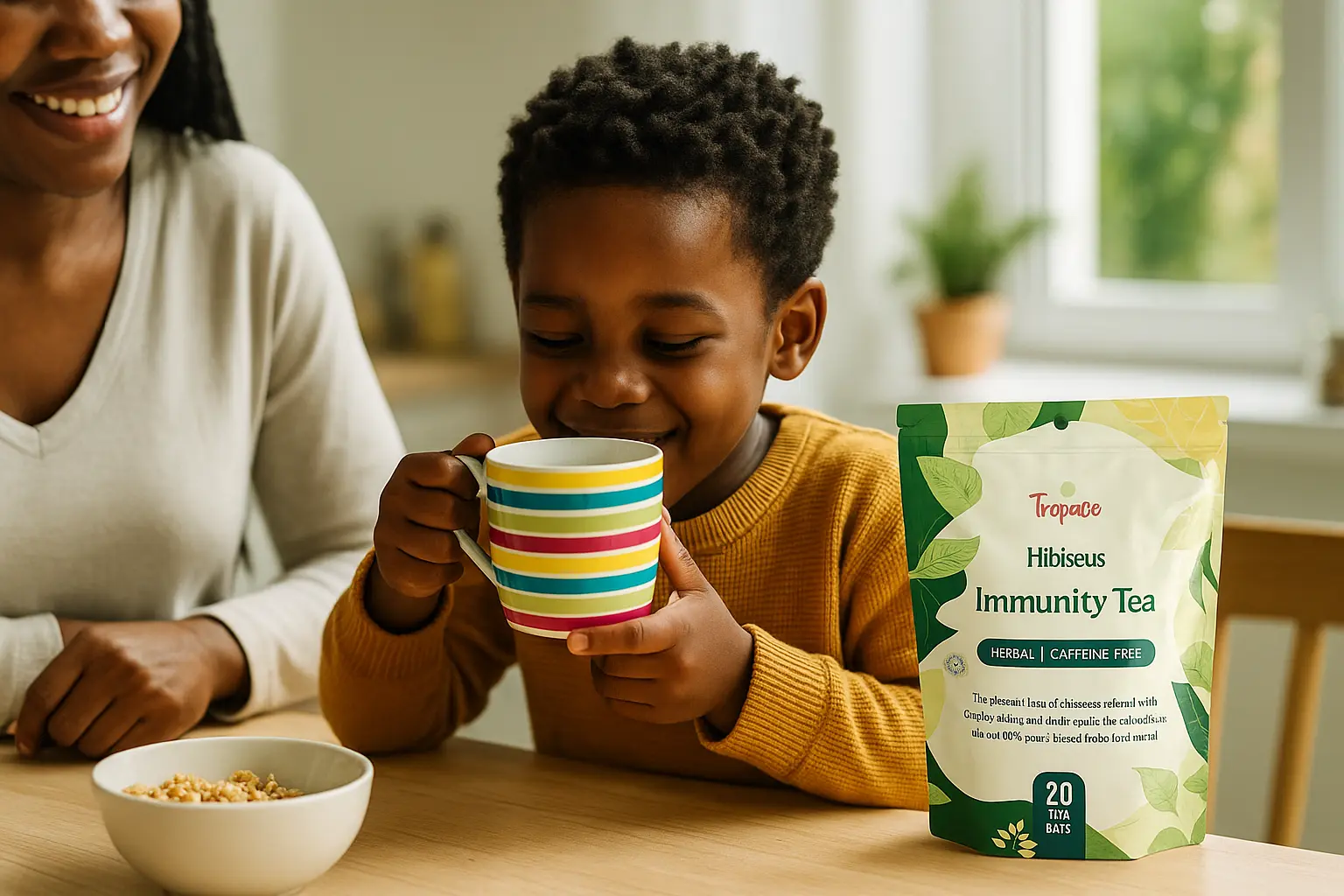 A smiling African child holding a colorful mug with steam rising gently, seated at a breakfast table beside a Tropace tea pouch and a parent.