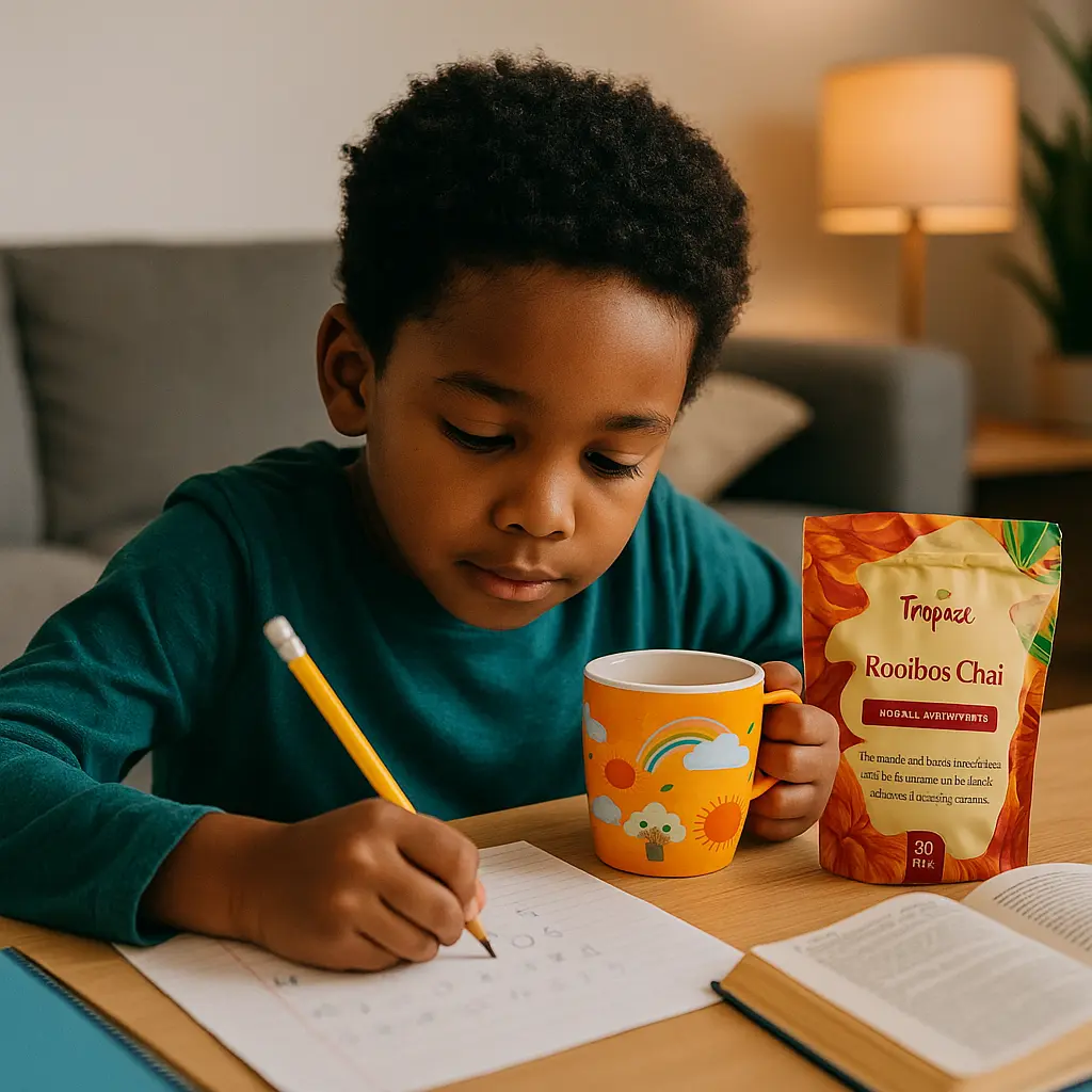 An African child seated at a table doing homework, sipping from a colorful mug of Tropace Rooibos Chai, with study materials and a peaceful atmosphere around.