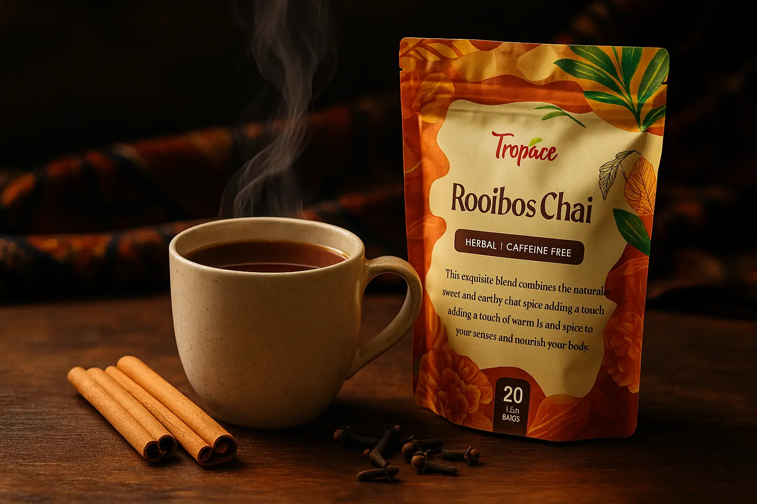 A high-resolution photo of a steaming mug of Tropace Rooibos Chai with cinnamon sticks and clove, set on a wooden table with warm African fabric in the background.