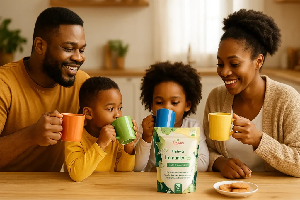 A vibrant African family sitting together in a bright kitchen, sipping tea from colorful mugs with a Tropace Immunity Tea pouch placed at the center of the table.